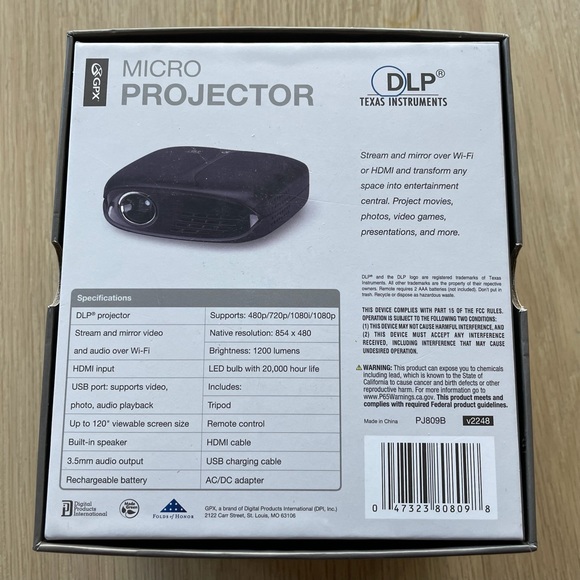 GPX Micro Projector Model PJ809B v2248-03 - Picture 7 of 10
